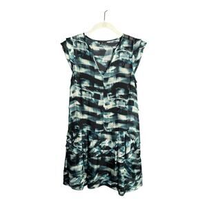 Theory Blue Black Printed Silk Drop Waist Short Sleeve Dress Size 2